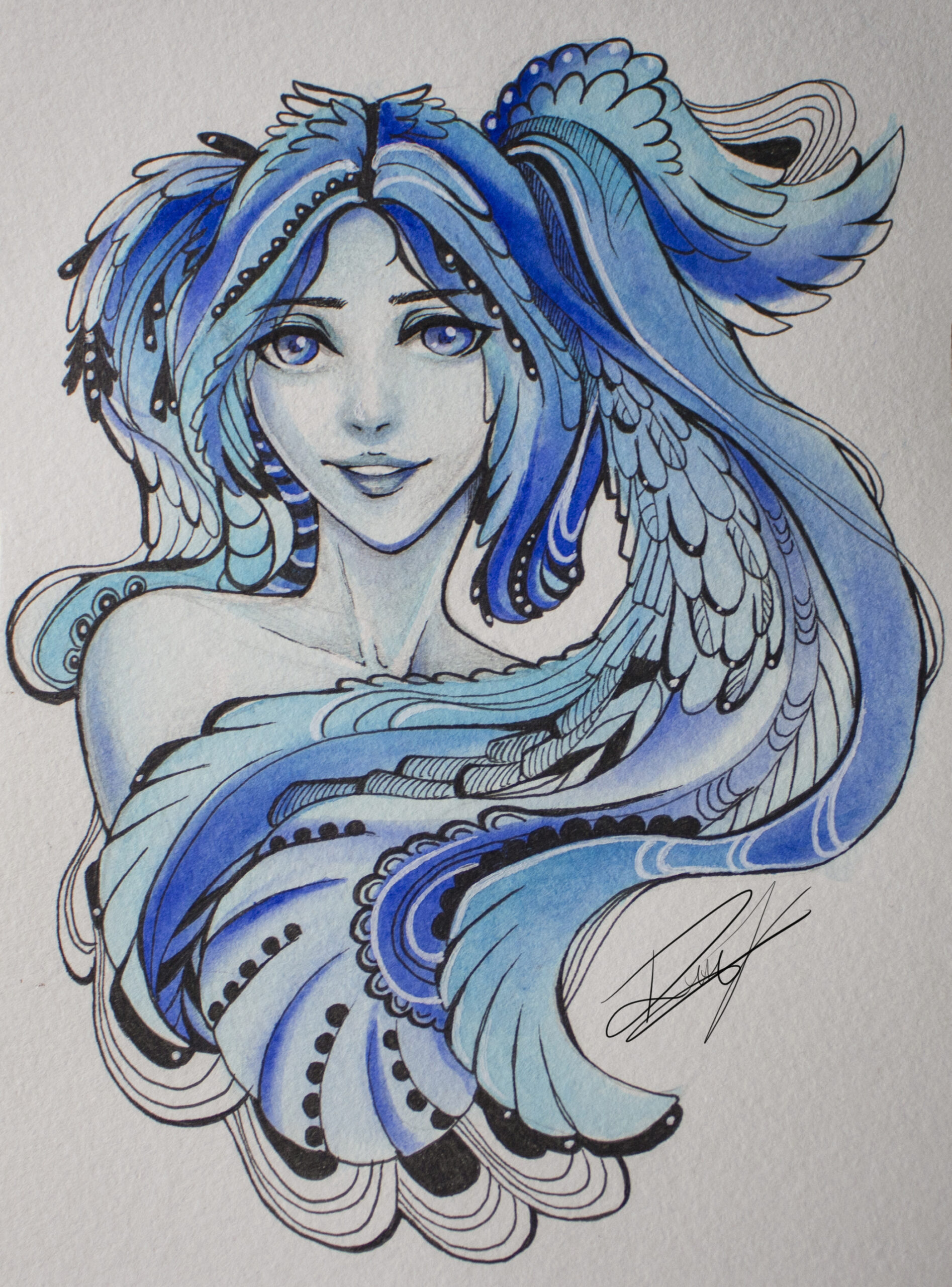 Water Hair Watercolour art of a woman with long blue hair